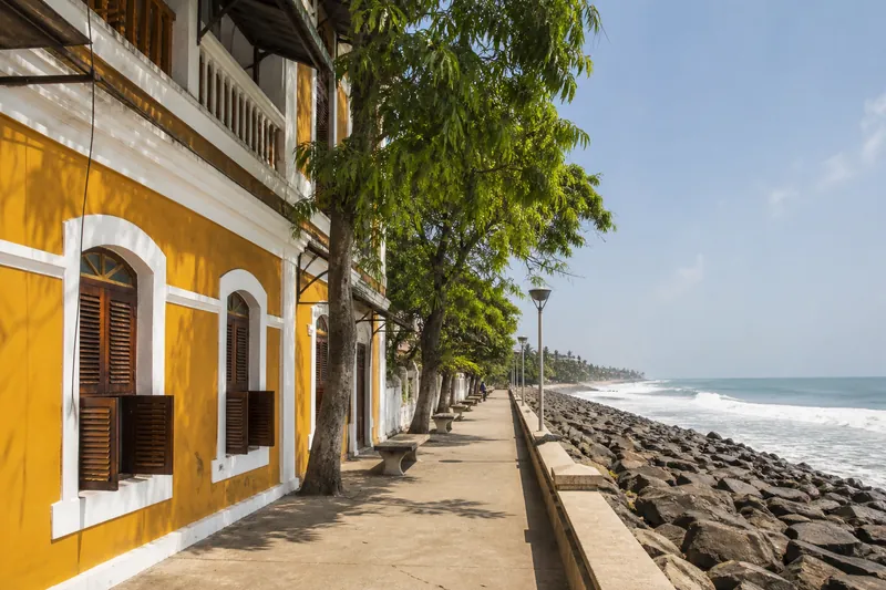 Colonial seaside buildings along the Pondicherry promenade